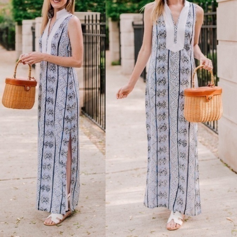 NWT Sail to Sable sleeveless cotton maxi dress lined blue geometric print small